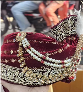 Luxury Maroon Velvet Groom Turban with Gold Zardozi Embroidery | Royal Maharaja Style Wedding Pagri Safa for Indian Groom - Product Image 2