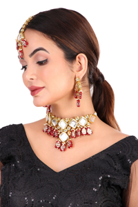 Indian Classic Choker Set Traditional Zircon Gold Plated Crystal Kundan Faux Pearl Wedding Party Necklace Earrings Alloy High - Product Image 4
