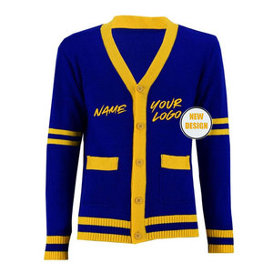 Women's Blue Yellow V-Neck Cardigan Full Sleeve Preppy Style Knitted Sweater With Pockets Custom Logo Name Print Autumn Wear - Product Image 1