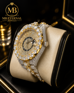 Montre de luxe pour homme MB ETERNAL avec diamants, boîtier en or jaune 45 mm, quartz analogique, verre saphir, fermoir déployant - Product Image 5