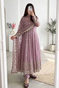 Elegant Pink Organza Anarkali Dress With Gold Embroidery Full Sleeve A-Line Maxi Gown Square Neck Sheer Layer Design - Product Image 2