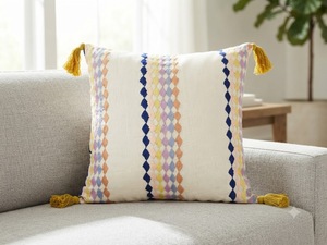 100% Linen Embroidered <b>Cushion</b> Cover with Multicolor Diamond Pattern & Corner Tassels | Decorative Throw Pillow Cover - Product Image 1