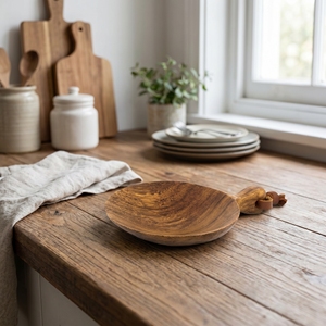 Cuchara de Madera de Suar de Grado Alimenticio con Cordón de Cuero de Cinco Centímetros de Largo, Color Marrón Claro, Diámetro de Nueve Puntos Cinco, Cuatro Catorce Longitudes - Product Image 4