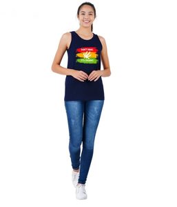 Débardeur bleu marine pour femme avec imprimé feuille de rasta « Don't Panic It's Organic » – Haut décontracté sans manches à col rond - Product Image 2