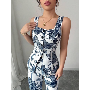 Womens Blue & White Printed Peplum Top with Wide Leg Pants Co ord <b>Set</b> - Product Image 4