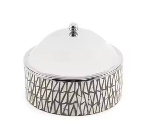 Casserole Hot Pot White Scallop Pearl Shell <b>Mosaic</b> Body Hammered Metal Dome Lid for <b>Table</b> Top Serving Casserole Hot Pot - Product Image 3