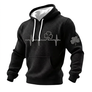 เสื้อฮู้ดวาฟเฟิลสีดำสำหรับผู้ชาย พิมพ์ลายกรีนโคลเวอร์ ECG ด้านหน้าและแขนเสื้อ สวมใส่สบายๆ ในฤดูใบไม้ผลิ - Product Image 4