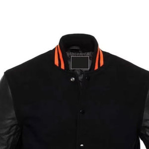 2026 <b>Men's</b> Black With Orange Trim Leather Sleeves Turn-down Collar Casual Wear Varsity <b>Jacket</b> Is Available <b>For</b> Online Sale - Product Image 2