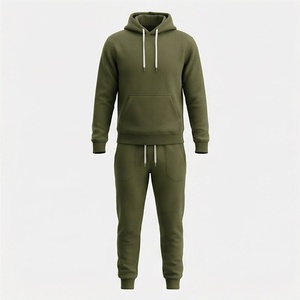 Ensemble de survêtement décontracté pour homme vert olive à capuche, manches longues, couleur unie, avec cordon de serrage et côtés zippés - Product Image 1