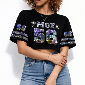 Maillot de football américain court pour femme de qualité supérieure avec strass, numéro personnalisé à paillettes, haut streetwear, marque privée, OEM, vente en gros - Product Image 4