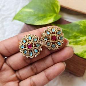 18K Gold Plated Geometric Stud Earrings with Zircon and Imitation Pearl - Product Image 4