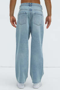 Jean en denim délavé coupe droite taille haute pour homme, style décontracté, détails déchirés, tissu en coton bleu clair, collection printemps - Product Image 3