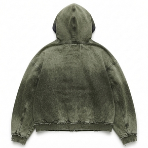 Sweat-shirt à capuche zippé surdimensionné en molleton de coton délavé vert olive, effet usé, vente en gros - Product Image 2