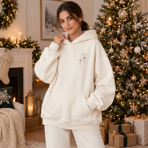 Sudadera con Capucha Extra Grande Unisex, Color Blanco Hueso, con Estrella Bordada, Forro Polar, con Bolsillo Tipo Canguro, para Invierno - Product Image 3