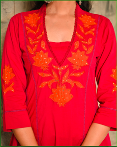 Magenta Applique Work Anarkali Cotton Kurta Dupatta Set - Product Image 6