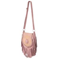 Sac bandoulière bohème RABADA en cuir véritable fait main et peint à la main, taille XL, avec pierres précieuses et chaîne à pompons, toutes saisons