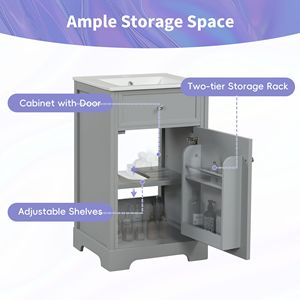 Mobile da Bagno da 20 Pollici con Anta a Chiusura Ammortizzata, Lavabo, Ripiano Portaoggetti e Mensole Regolabili - Elegante Mobiletto da Bagno - Product Image 3