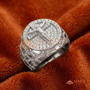 <b>Silver</b> Crucifix Medallion <b>Ring</b> | Iced Out Jesus <b>Cross</b> Statement Band | White Gold Finish Religious Hip Hop Jewellery - Product Image 3