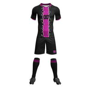 Conjunto de Uniforme de Fútbol Sublimado Rosa y Negro, Manga Corta, Cuello Redondo, Poliéster, para Adultos, Todas las Temporadas, con Números de Equipo Impresos - Product Image 1