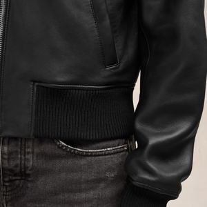 Blouson aviateur en cuir noir pour homme, col rabattu, fermeture éclair, style motard, couleur unie, manches classiques, pour l'automne - Product Image 5