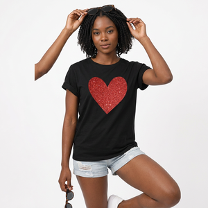 Women's High Quality Loose Fit Short Sleeve T-Shirt with Logo Eco-Friendly Casual Style for Summer-<b>Red</b> <b>Glitter</b> Heart Graphic - Product Image 1