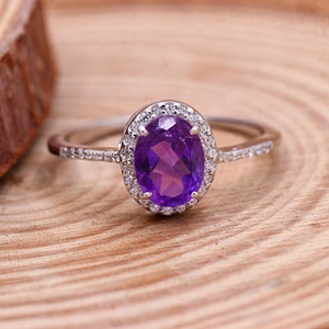 Wholesale 925 Solid Sterling Silver Natural Oval Amethyst <b>Cubic</b> <b>Zirconia</b> Halo <b>Ring</b> Fine Jewelry Memoria Jewels - Product Image 5