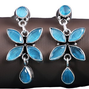 Wholesale Oxidized <b>Silver</b> Brass Blue Cat Eye Stone <b>Dangle</b> <b>Earring</b> for Women | Boho Floral Drop <b>Earrings</b> | Fashion Jewelry Supply - Product Image 4