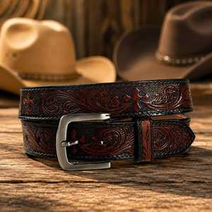 Ceinture en cuir véritable de style western avec broderie paisley, boucle rectangulaire argentée, durable, style décontracté vintage, à porter au quotidien - Product Image 1