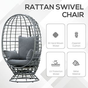 Fauteuil œuf rotatif en osier avec coussins, siège lounge intérieur/extérieur pour patio et jardin, chaises de jardin haut de gamme - Product Image 6