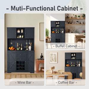 Gabinete de cocina azul oscuro con estantes para copas de vino Cajones de almacenamiento de vino estilo Buffet de granja para uso en comedor o cafetería - Product Image 5
