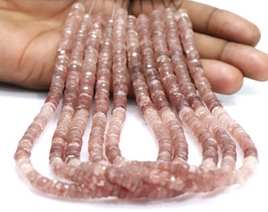 Cuentas de piedras preciosas al por mayor con forma de neumático Heishi facetado de cuarzo rosa fresa natural para fabricación de joyas DIY de fabricante de la India - Product Image 3