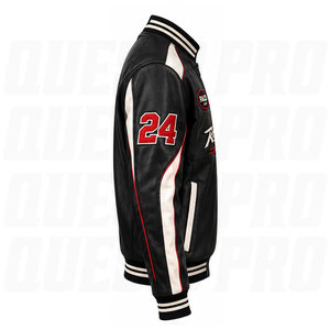 Blouson universitaire de course en cuir noir avec logo personnalisé pour homme, blousons bomber en cuir patchwork, broderie, écussons de course, personnalisation de la marque - Product Image 2