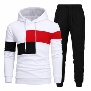 Men's Color Blocking Hoodie Tracksuit Set Casual Full Sleeve Drawstring Joggers White <b>Red</b> Black Polyester Autumn Wear - Product Image 1