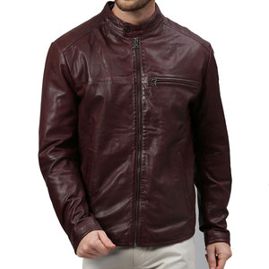 <b>Men's</b> Burgundy Genuine <b>Men's</b> <b>Leather</b> Moto <b>Jacket</b> Stand Collar Zipper Closure Regular Fit Autumn Wear <b>Men's</b> <b>Leather</b> <b>Jacket</b> - Product Image 1