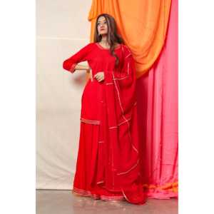 ชุดเดรสทรงเอไลน์สีแดงกุหลาบประดับด้วยลายปักสีทองแบบแฮนด์เมด ไซส์ XS เอวทรงเอ็มไพร์ คอไขว้แบบผูกเชือก ผ้าออร์แกนซ่า - Product Image 3