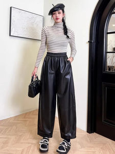 Pantalon Harem ample en véritable peau de mouton pour femme, taille élastique, en cuir véritable, style décontracté streetwear, nouvelle collection automne, confortable - Product Image 6