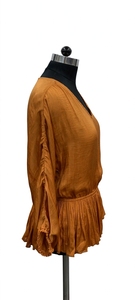 V-Neck Long Sleeve Pleated <b>Top</b> Elastic Waist Loose Fit Solid Color Casual Women's Blouse Spring <b>Viscose</b> Woven Fabric - Product Image 3