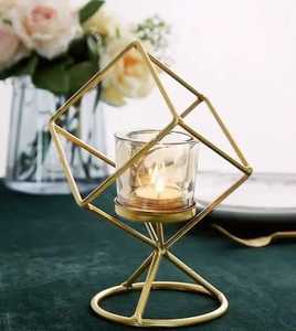 Modern Gold Geometric Cube Candle <b>Holder</b> with Glass Cup Iron Wire Lantern <b>Tealight</b> Stand for Wedding Centerpiece Skies Trader - Product Image 1