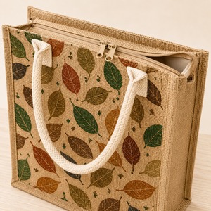 Sac fourre-tout en jute avec motif de feuilles brodé, fermeture éclair rectangulaire, poignée en corde, sac de courses réutilisable pour supermarché, vin, usage quotidien - Product Image 2