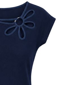 Manufacturer Customized Navy Blue Women Casual Flower Neck T Shirt Soft Breathable Summer <b>Top</b> Short Sleeve Fashion Blouse Outfit - Product Image 4