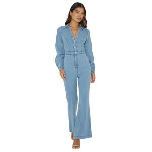 Combinaison en jean à manches longues pour femme, décontractée, à jambes larges, mode, OEM ODM, vente en gros de vêtements - Product Image 2