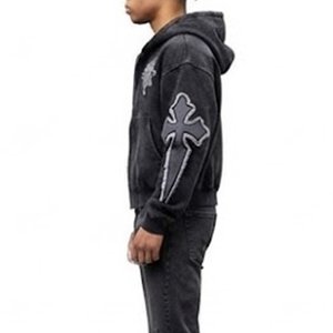 Sudadera con Capucha Bordada para Hombre, Algodón Negro, Felpa Francesa, Estilo Casual Otoñal, Corte Regular, con Diseños de Cruz y Logotipo, Venta al Por Mayor - Product Image 4