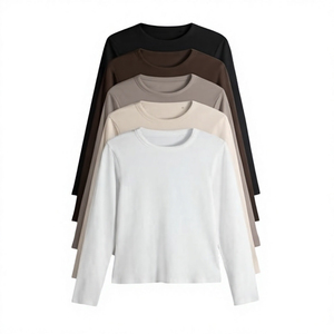 Camiseta de Manga Larga para Mujer, sin Tirantes, Ajustada, Estilo Vintage, Transpirable, de Spandex, Tejida, de Color Sólido, para Primavera, en Blanco, Beige, Marrón y Negro - Product Image 1
