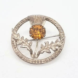 Broche Escocés de Plata con Diseño de Cardo, Broche Vintage de Aleación Metálica con Cristal Color Citrino para Kilt - Product Image 1
