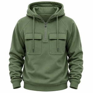 Sudadera con capucha y cremallera de un cuarto para hombre, con estampado, bolsillos en el pecho, manga raglán, forro polar, estilo casual, color liso, para invierno - Product Image 5