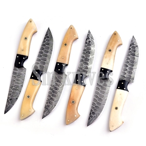 Juego de 6 cuchillos de caza de acero de Damasco de grado industrial con mango de hueso, hoja biselada de punta caída, OEM/ODM, cuchillería de cocina, caja de regalo - Product Image 4