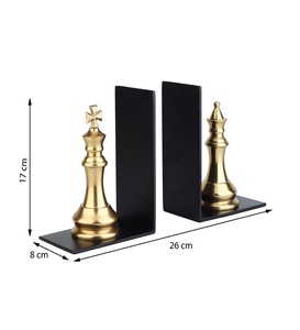 Sujetalibros de lujo de aluminio fundido en color dorado, juego de sujetalibros metálicos decorativos con diseño de piezas de ajedrez, organizador de estantería, personalización disponible. - Product Image 4