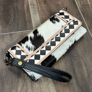 Hand Tooled Leather Cowhide <b>Wallet</b> Clutch Black & White Checkered Trifold Crossbody Mini Purse Western Design Boho Bag for Women - Product Image 5