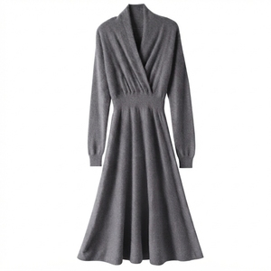 Elegante Vestido de Suéter de Cachemira para Mujer, Cuello en V, Manga Larga, Corte en A, Midi, Tejido de Punto, Color Sólido, Moda Otoñal - Product Image 3