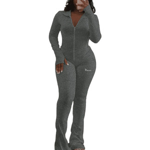 Combinaison longue zippée pour femme, gris uni, col en V, manches longues, tenue décontractée avec poches latérales, tissu respirant en coton et élasthanne - Product Image 1